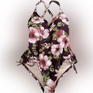 NWOT Kona Sol Floral Side-Cinch Burgundy One Piece Swimsuit Full Coverage 🌺 🌊 🌈